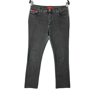 PER UNA Jeans UK 12/US 8 High-Rise13”,Stretch,
Grey,Stripe,Red-Logo-Patch,Zip